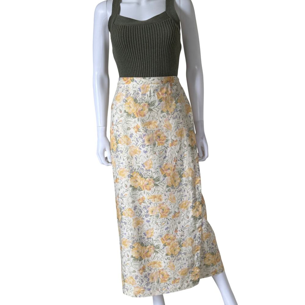 Jones Wear Sport Y2K 100% Linen Floral Wrap Maxi Skirt Cottagecore Size 10